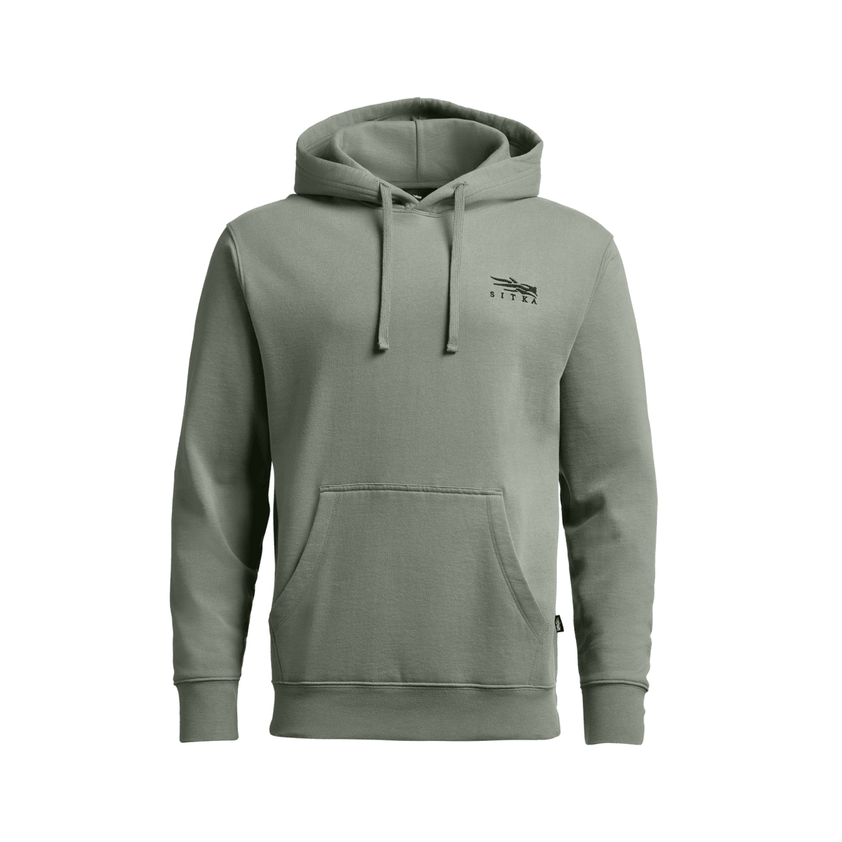 Sage green pullover hoodie, front view with drawstring hood and pouch pocket