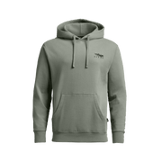 Sage green pullover hoodie with drawstring hood and front pouch pocket