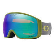 Oakley snow goggles with purple-blue Prizm lens, olive frame and wide strap.