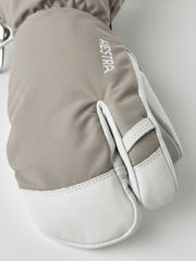 Beige khaki 3-finger ski gloves with white leather palms and Hestra print