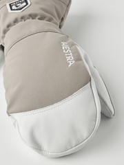 Light grey and white ski mitten with white leather palm and Hestra logo