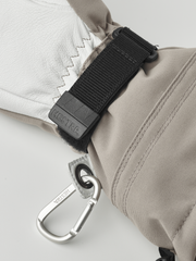 Hestra Army Leather Heli Ski 3-finger gloves in light gray with black strap and clip