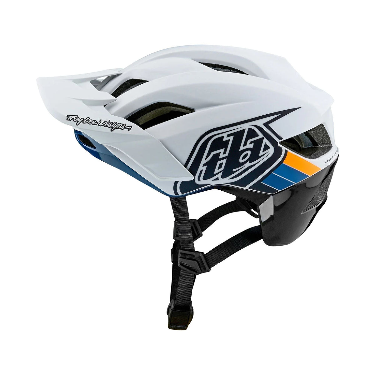 Troy Lee Designs Flowline MIPS motocross helmet, white with blue/orange graphics, chin strap