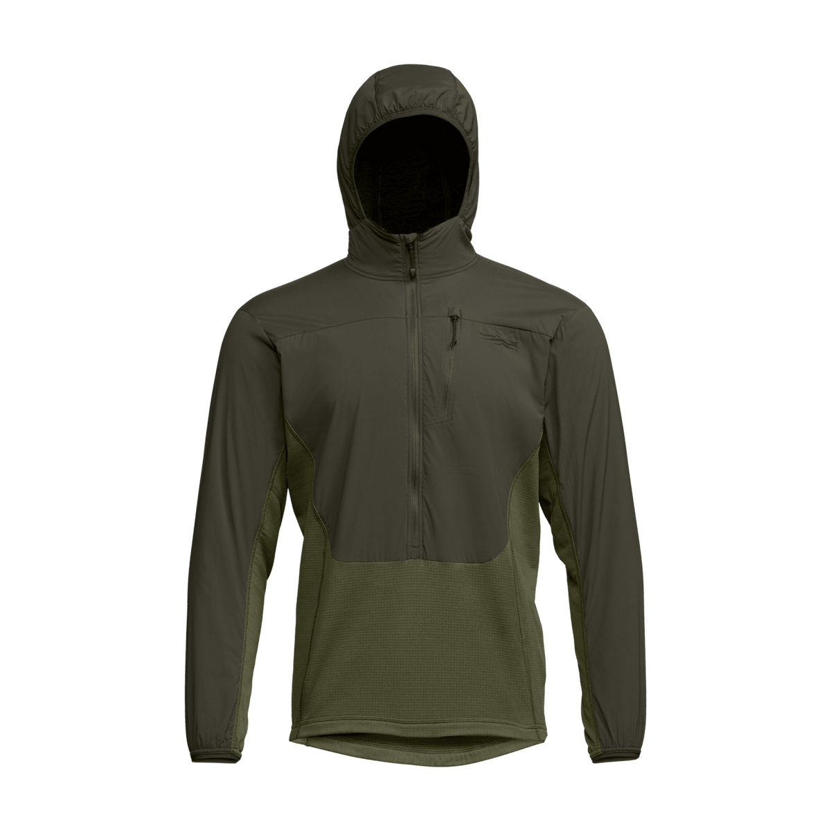 Back view of solid olive hoodie with hood and full front zipper; zip pull tab