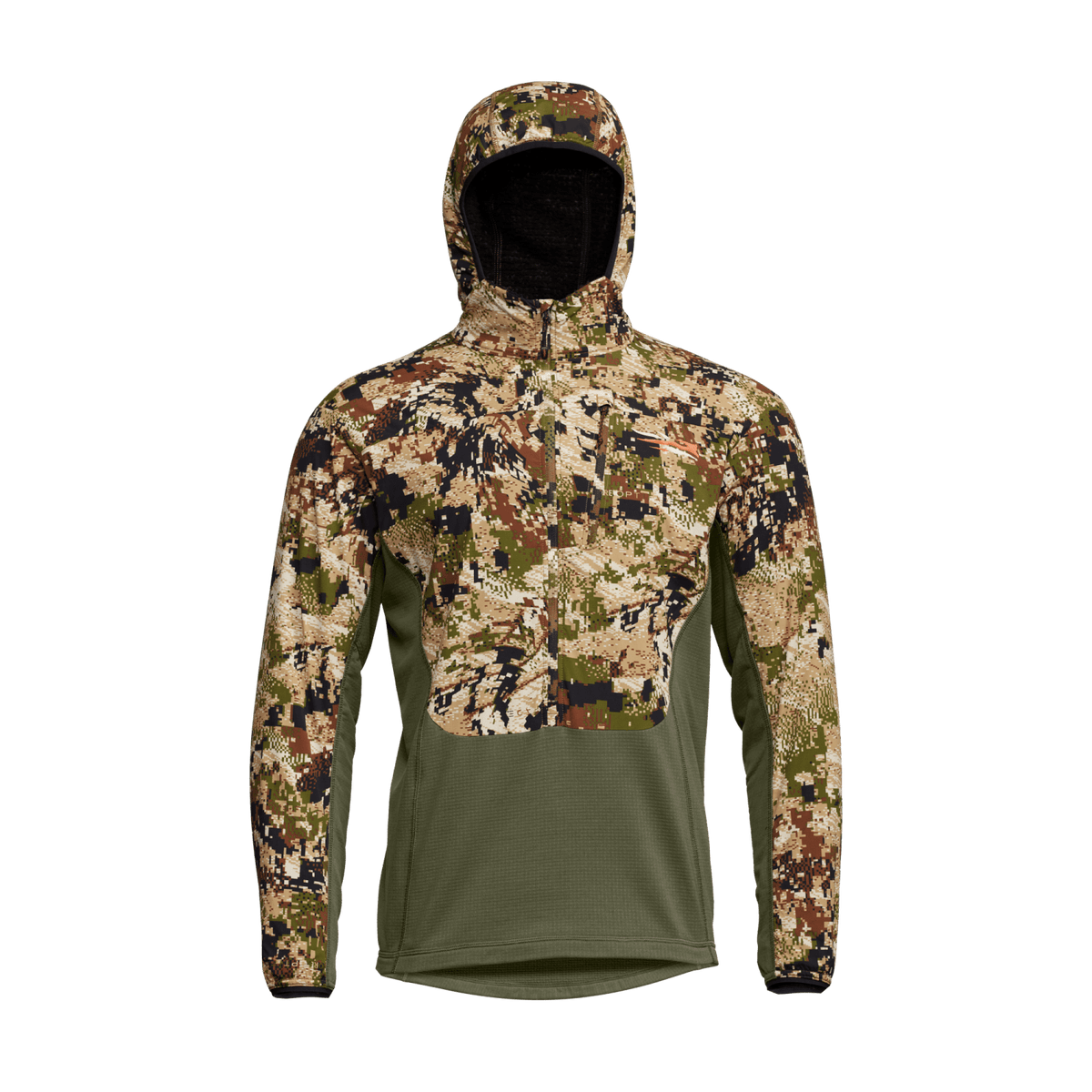 Camo and olive two-tone hoodie with hood and full zipper, back view