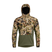 Camouflage hoodie with hood and zipper; camo upper chest and sleeves with olive hem