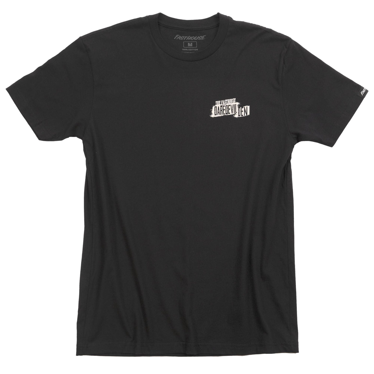 Black graphic T-shirt with small chest logo print
