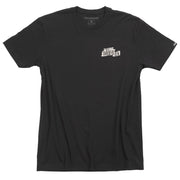 Black graphic T-shirt with small chest logo print