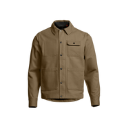Men’s coyote-brown chore coat with spread collar, button front, and utility pockets