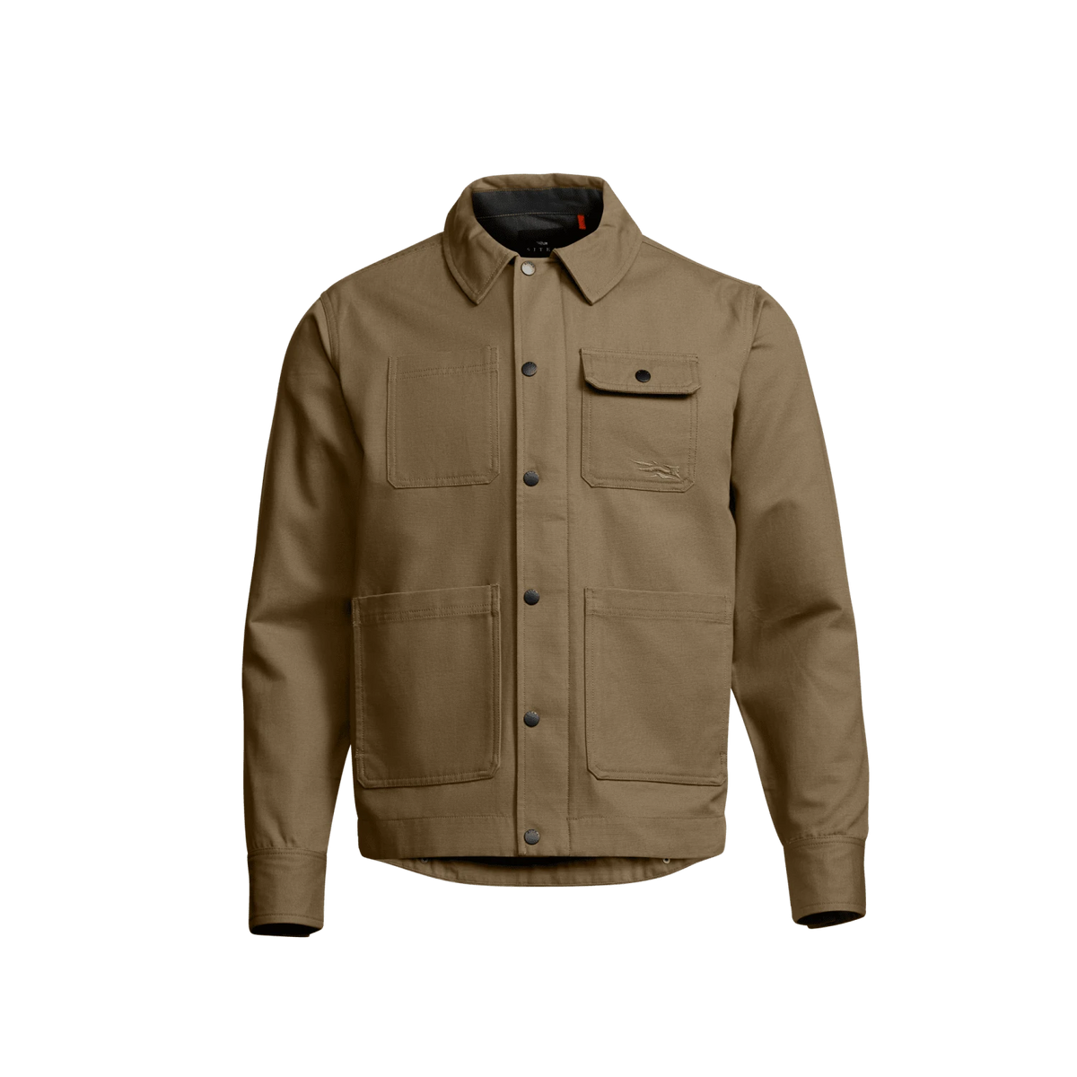 Men’s coyote-brown chore coat with spread collar, button front, and utility pockets