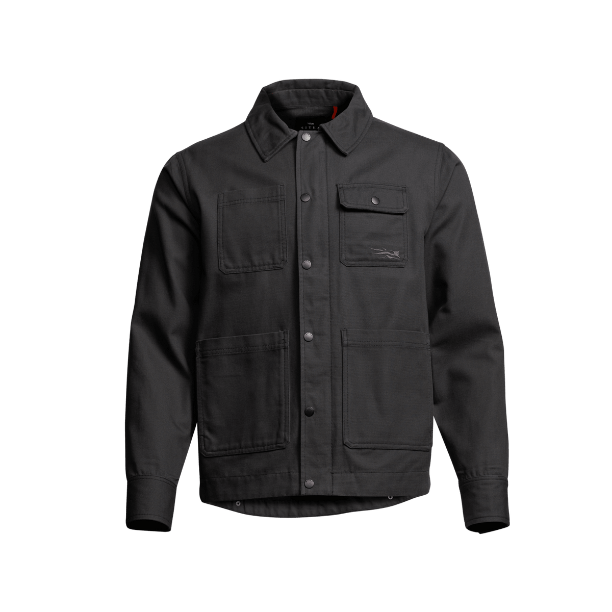 Black chore coat, button-front closure, two flap chest pockets, long sleeves.