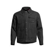Black chore coat with button-front closure and flap chest pockets, long sleeves.