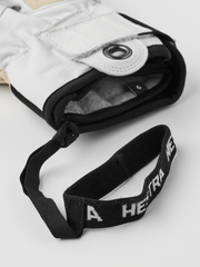 Three-finger leather patrol gloves in black with hook-and-loop wrist strap and logo band