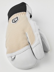 3-finger leather glove with tan knit palm panel and white leather outer
