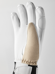 White leather patrol gloves with beige textured palm panel and black cuff trim