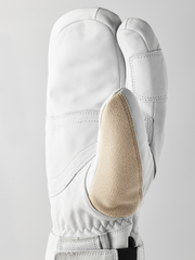 Three-finger leather patrol gloves with white shell and beige palm insert, cuff seam detail