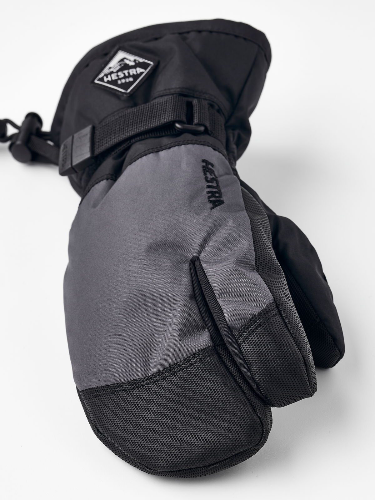 Kids black and grey gloves with hook-and-loop cuff and textured palm panel