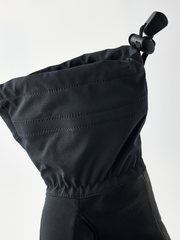 Black junior gloves with drawstring cuff, stitched seams, and HESTRA patch