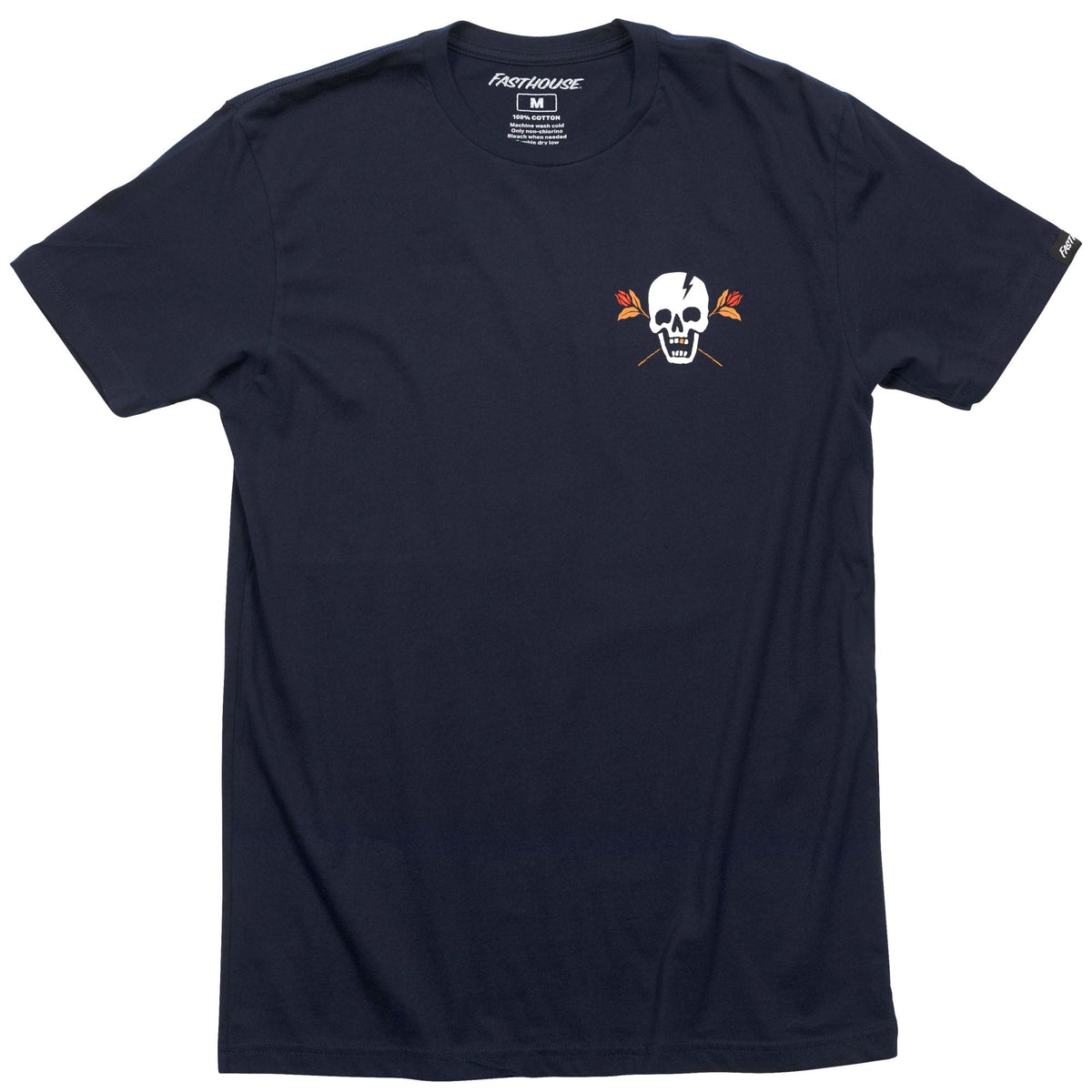 Midnight navy short-sleeve graphic T-shirt with small skull logo on chest