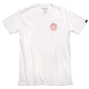 White crewneck T-shirt with small chest graphic logo