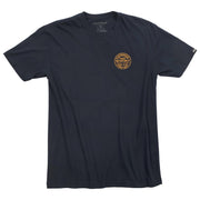 Navy crewneck T-shirt with small orange Paint Department chest logo