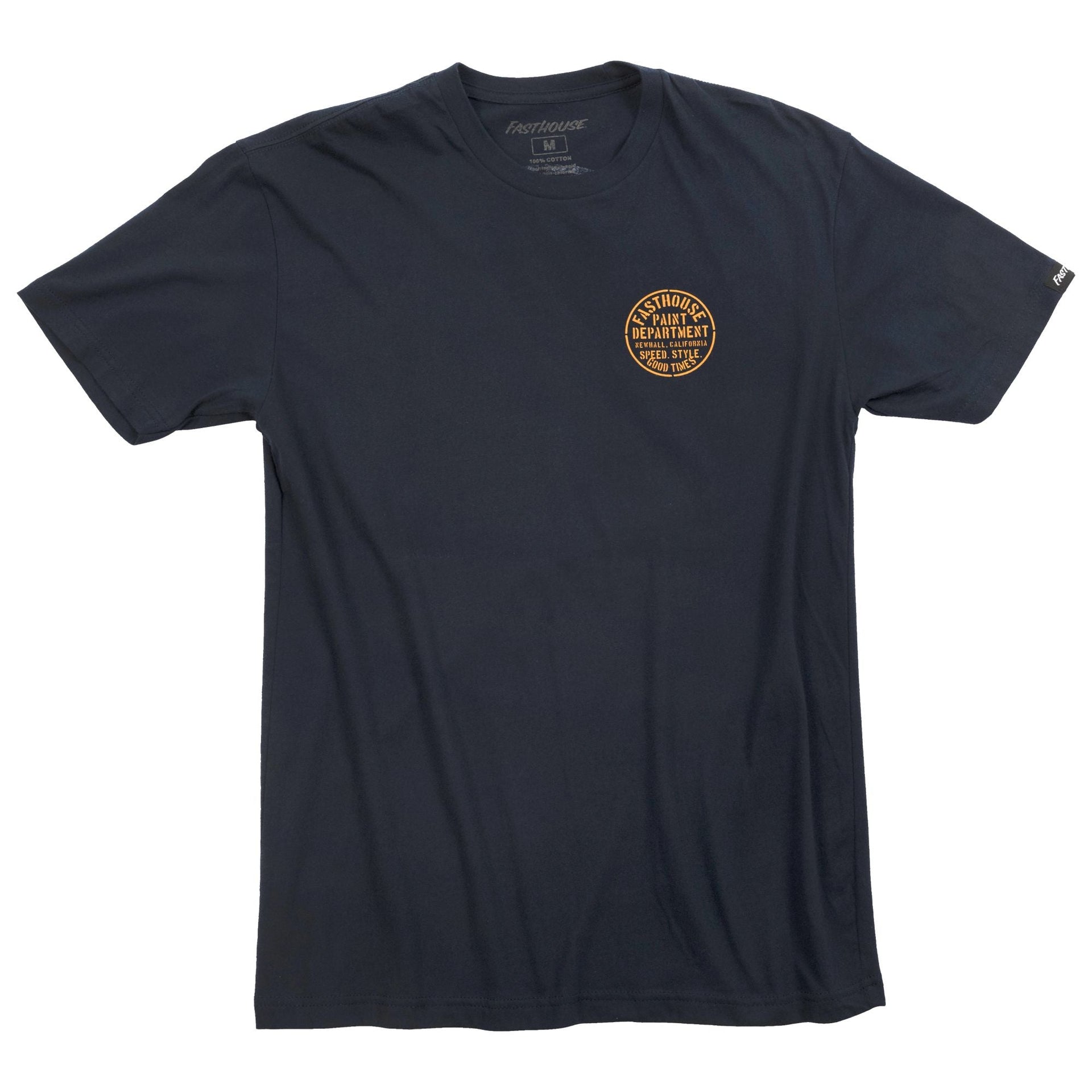 Navy crewneck T-shirt with small orange Paint Department chest logo