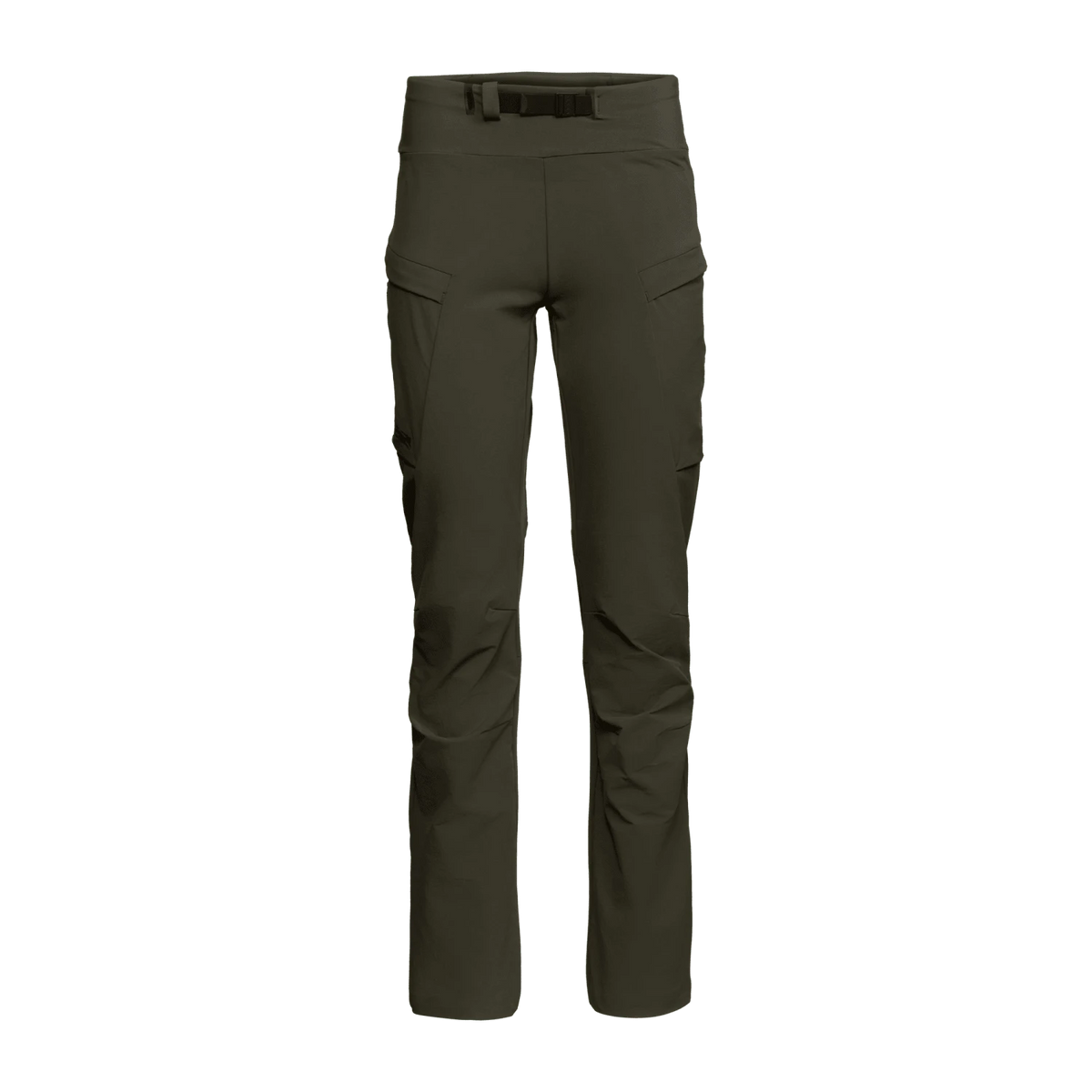 Women’s ascent pants in dark olive, full-length with cargo pockets and belt loops