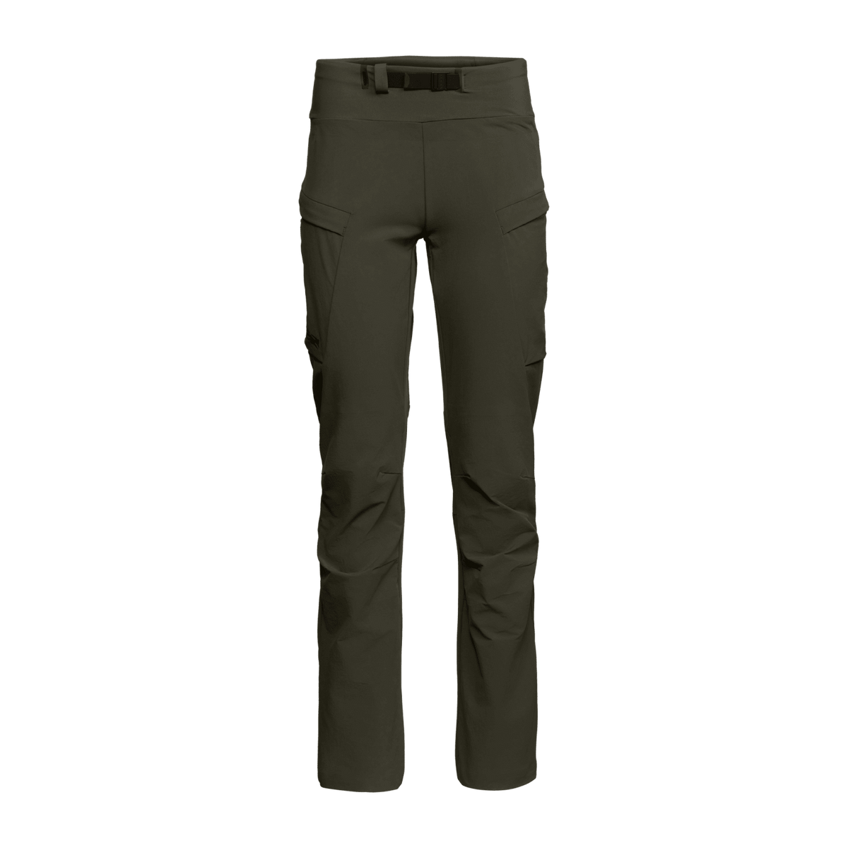 Women’s ascent pants dark olive, front view with belt loops and cargo styling