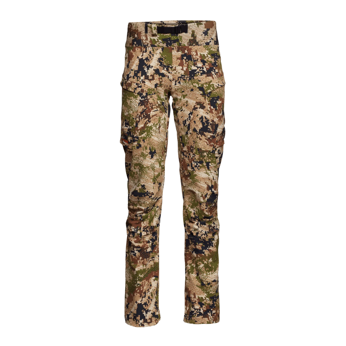 Camo hiking pants with straight legs and utility pockets, full-length front view