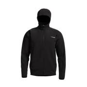 Black hooded zip fleece jacket with logo on chest, rear view