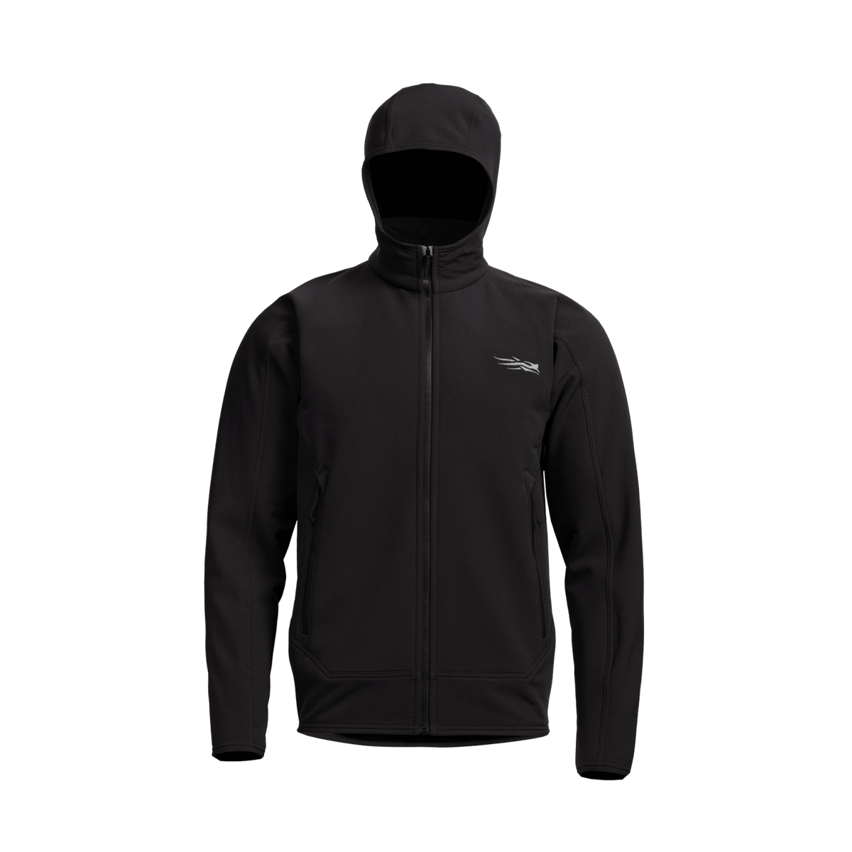 Black hooded zip fleece jacket with logo on chest, rear view