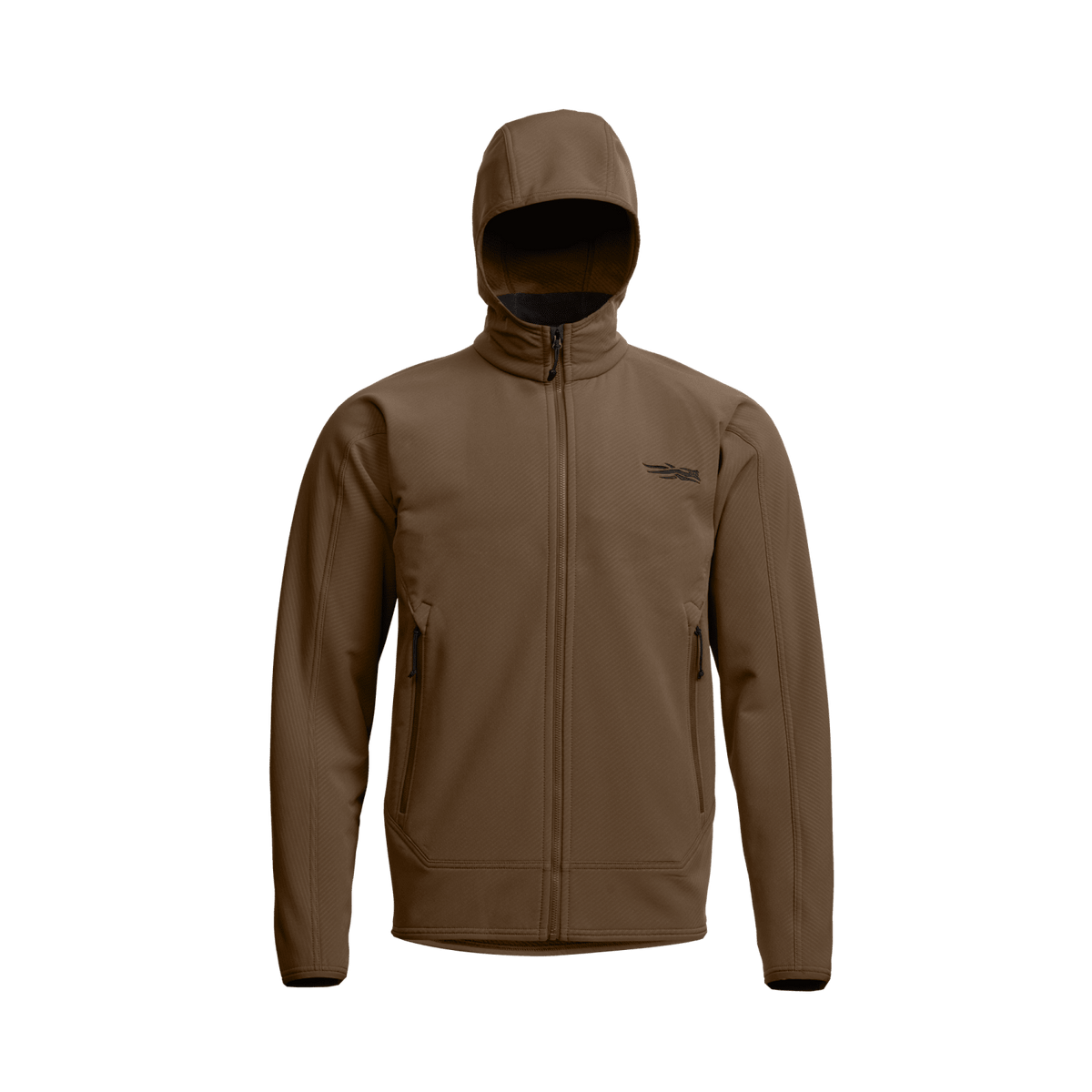 Tan hooded fleece jacket back view with full-zip, stitched seams, and cuffs