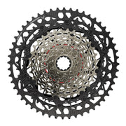 12-speed bike cassette with silver sprockets and black outer rings