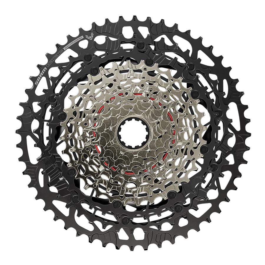12-speed bike cassette with silver sprockets and black outer rings