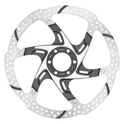 Slotted 6-bolt brake rotor, 180mm; black and silver disc with bolt holes