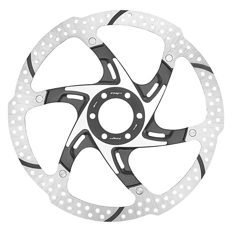 Slotted 6-bolt brake rotor, 180mm; black and silver disc with bolt holes
