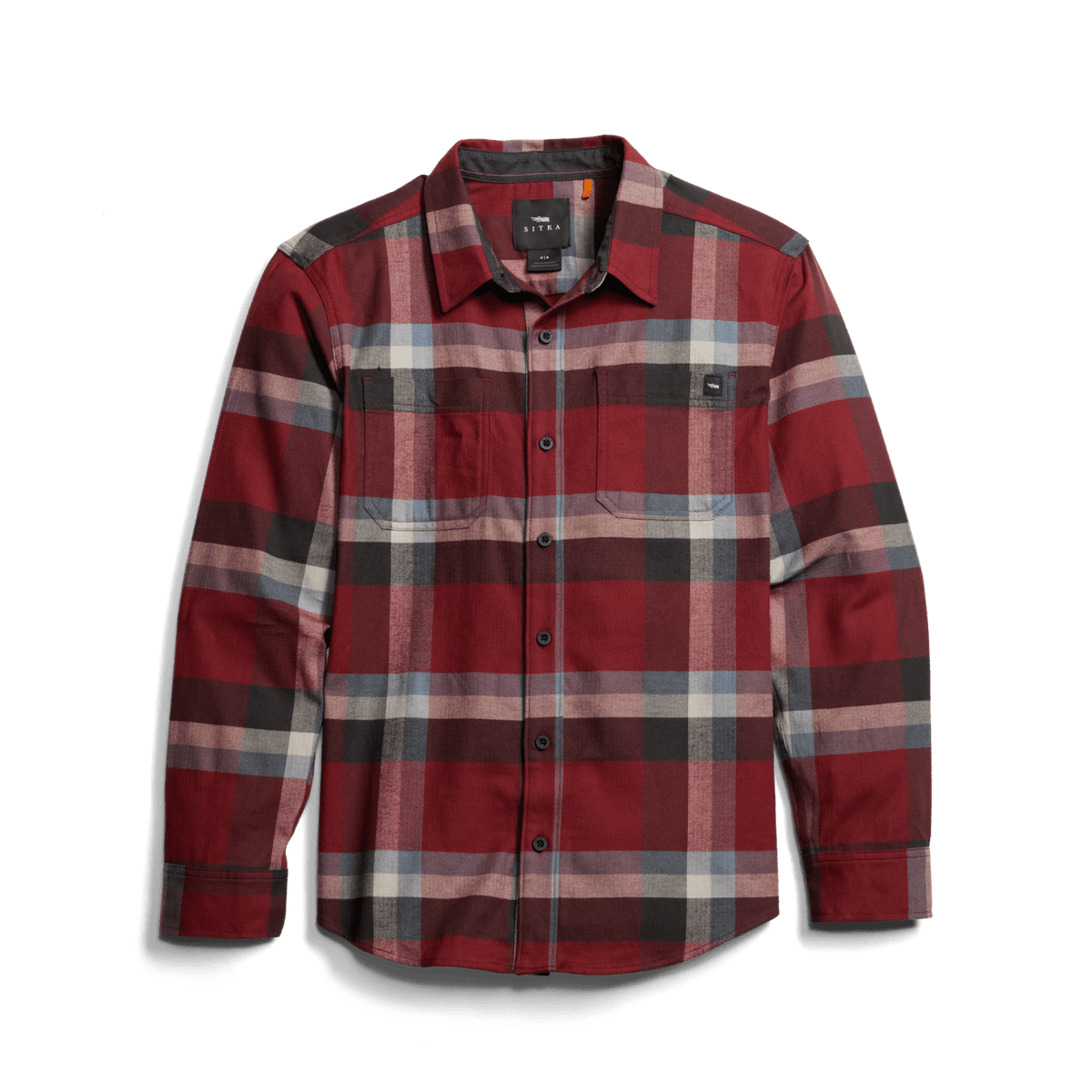 Red plaid lightweight flannel button-up shirt with spread collar and chest pocket