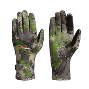 Green pixel camo Traverse gloves, front and back shown with grip texture and seams.
