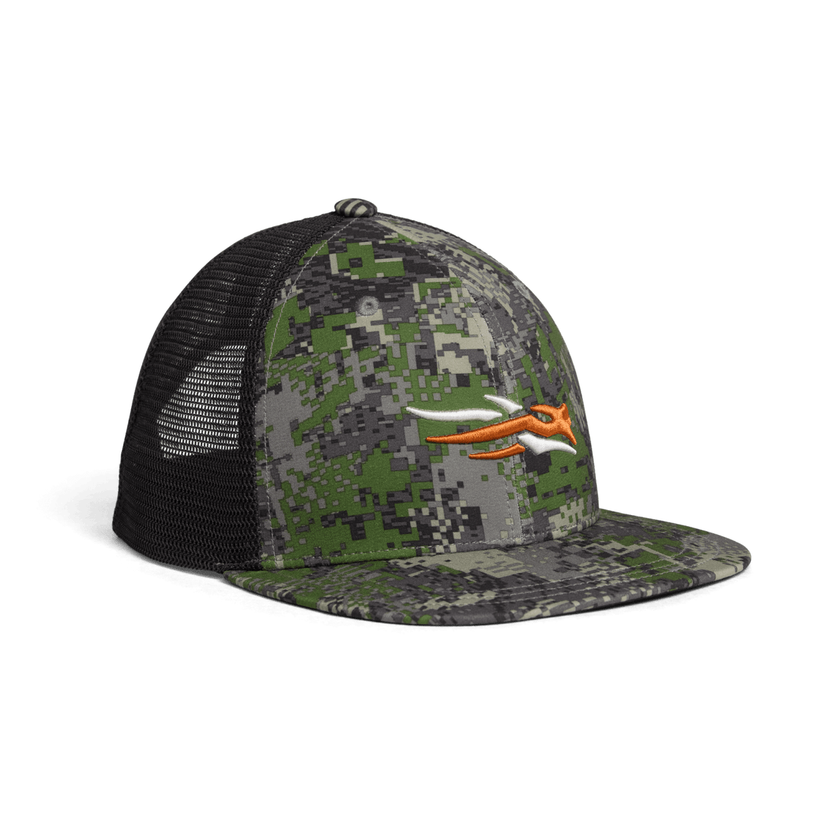 Women's green camo trucker hat with black mesh back and orange animal graphic on front