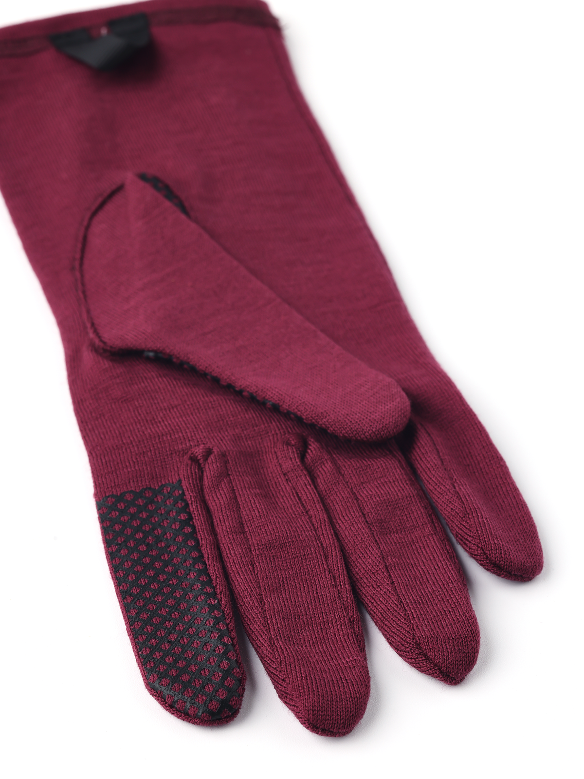 Bordeaux merino wool long glove liners with stitched palm panel and five fingers