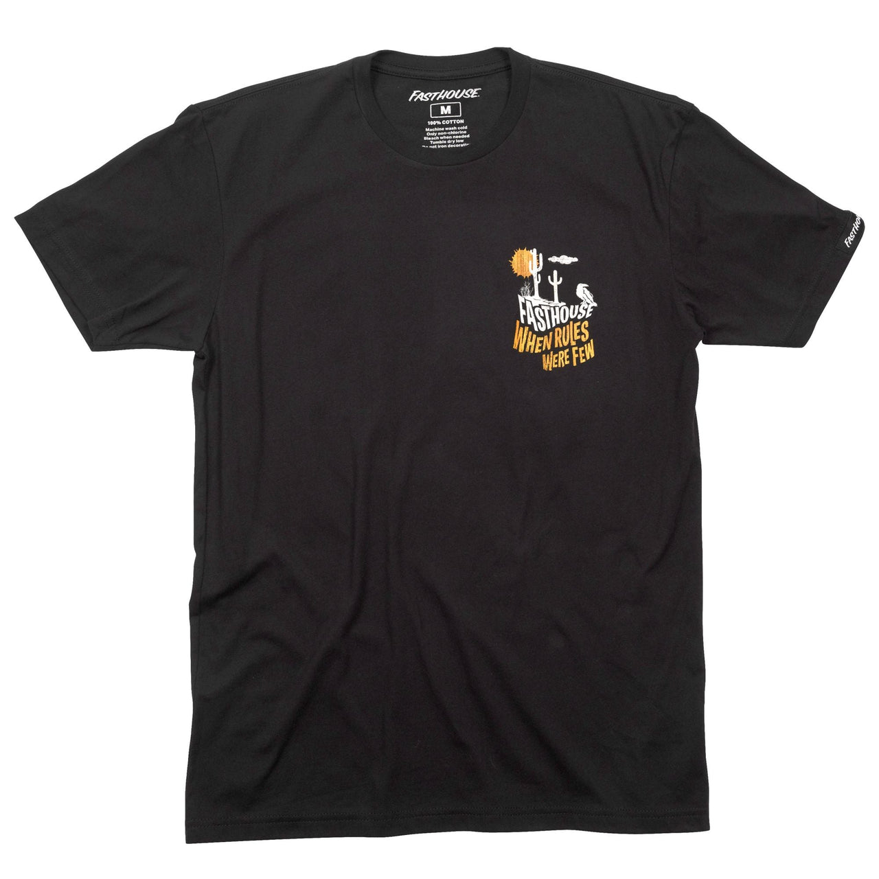 Black short-sleeve graphic T-shirt with small chest logo and text