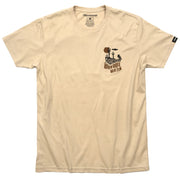 Sand short-sleeve graphic T-shirt with small chest logo and text