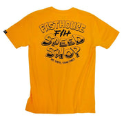 Gold crewneck T-shirt with FASTHOUSE Speed Shop graphic