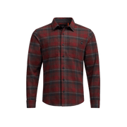 Lightweight flannel plaid shirt in dark red with button front and chest pocket