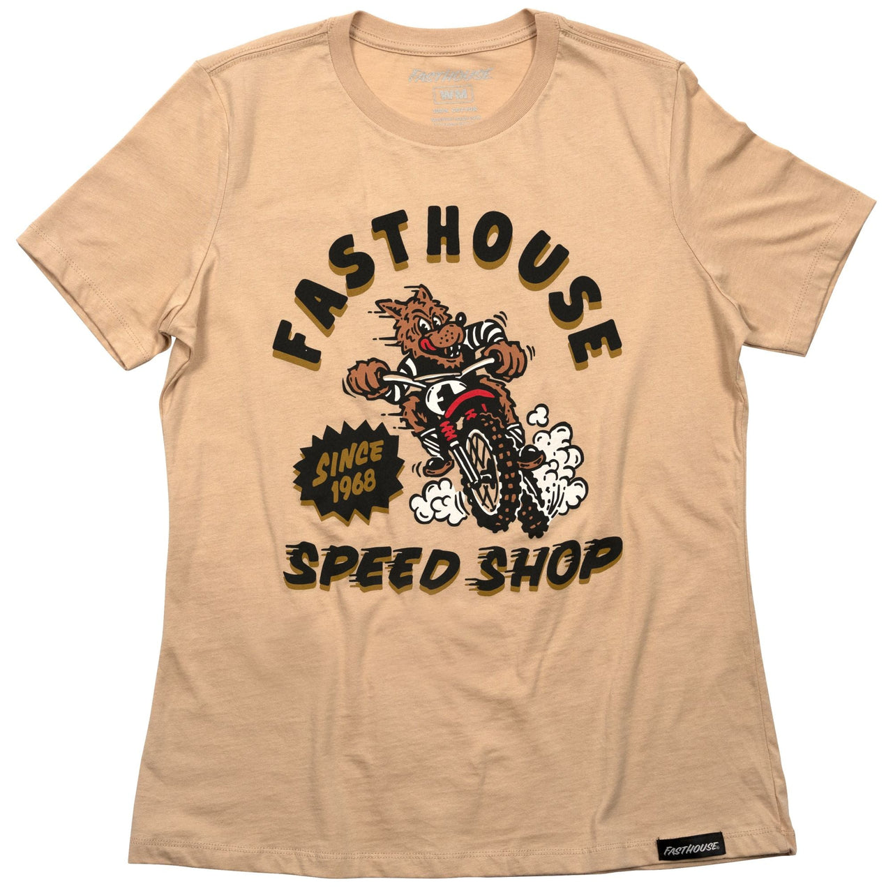 Women’s sand-colored short-sleeve T-shirt with large racing mascot Speed Shop graphic