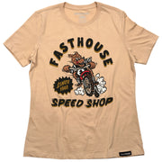 Women’s sand-colored short-sleeve T-shirt with large racing mascot Speed Shop graphic