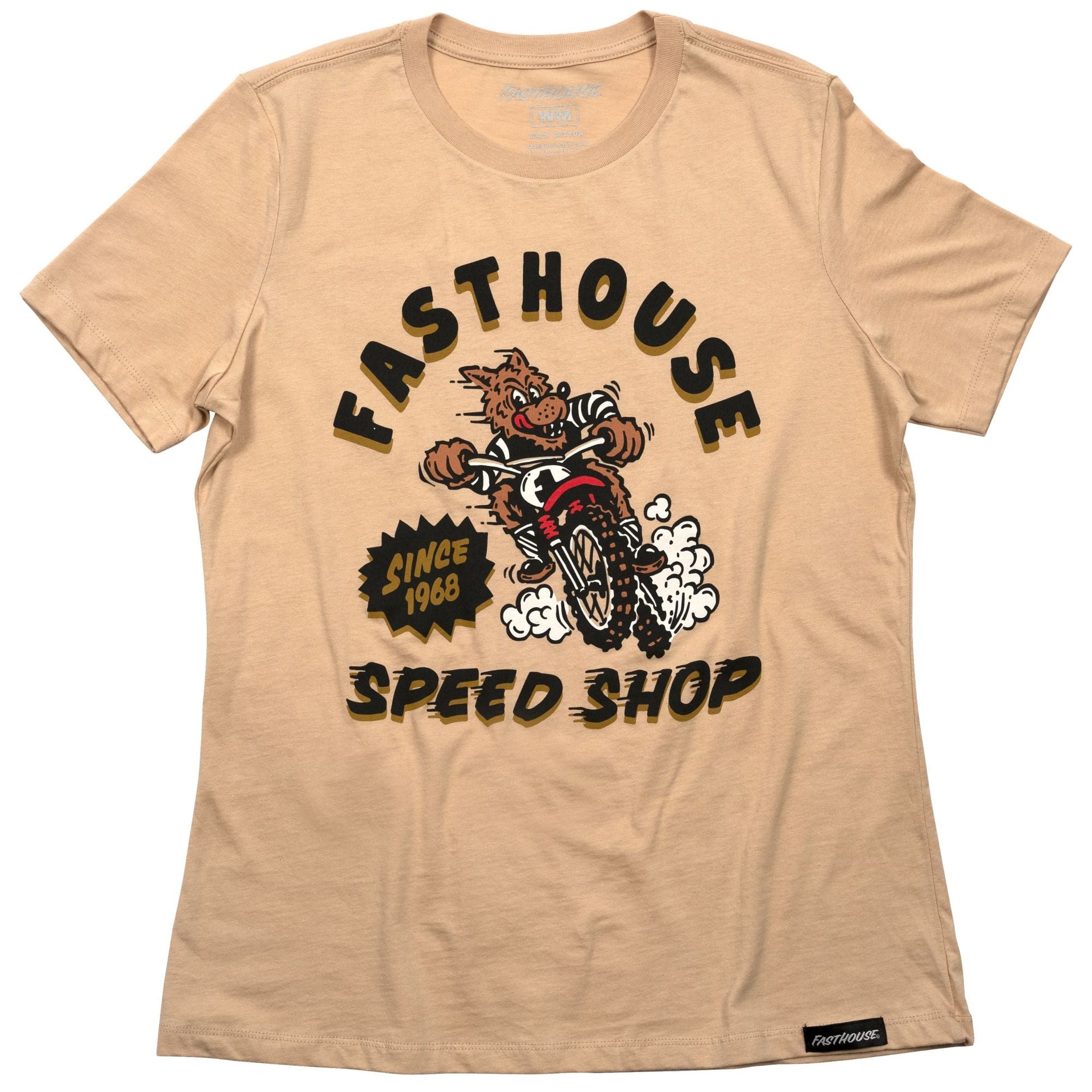 Women’s sand-colored short-sleeve T-shirt with large racing mascot Speed Shop graphic