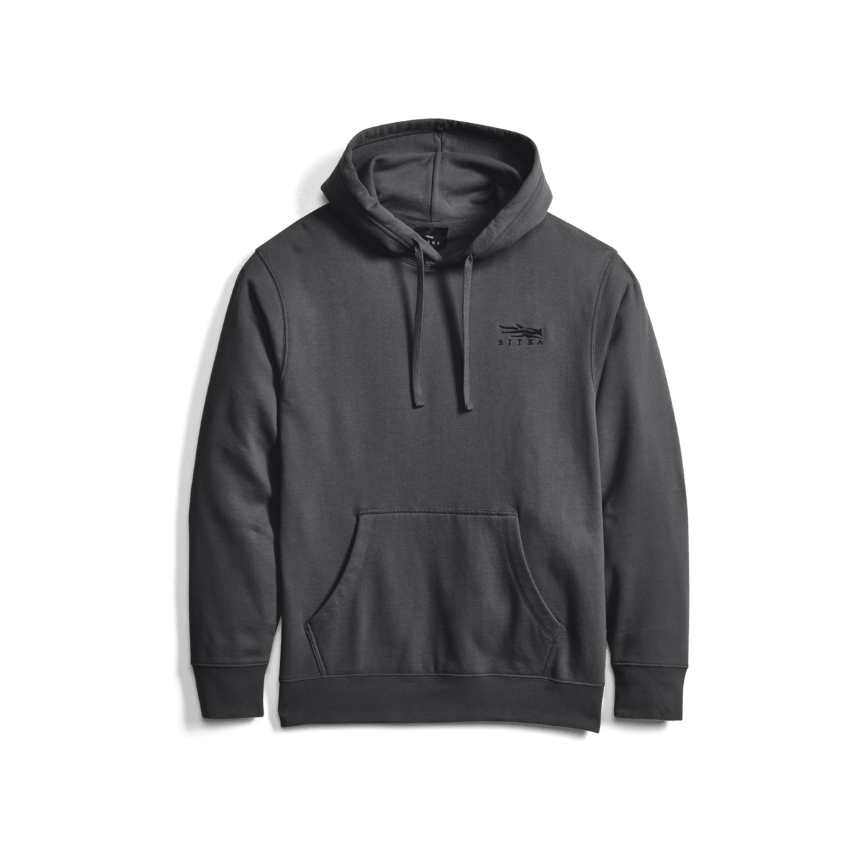 Charcoal black pullover hoodie with attached hood, drawstring, and kangaroo pocket
