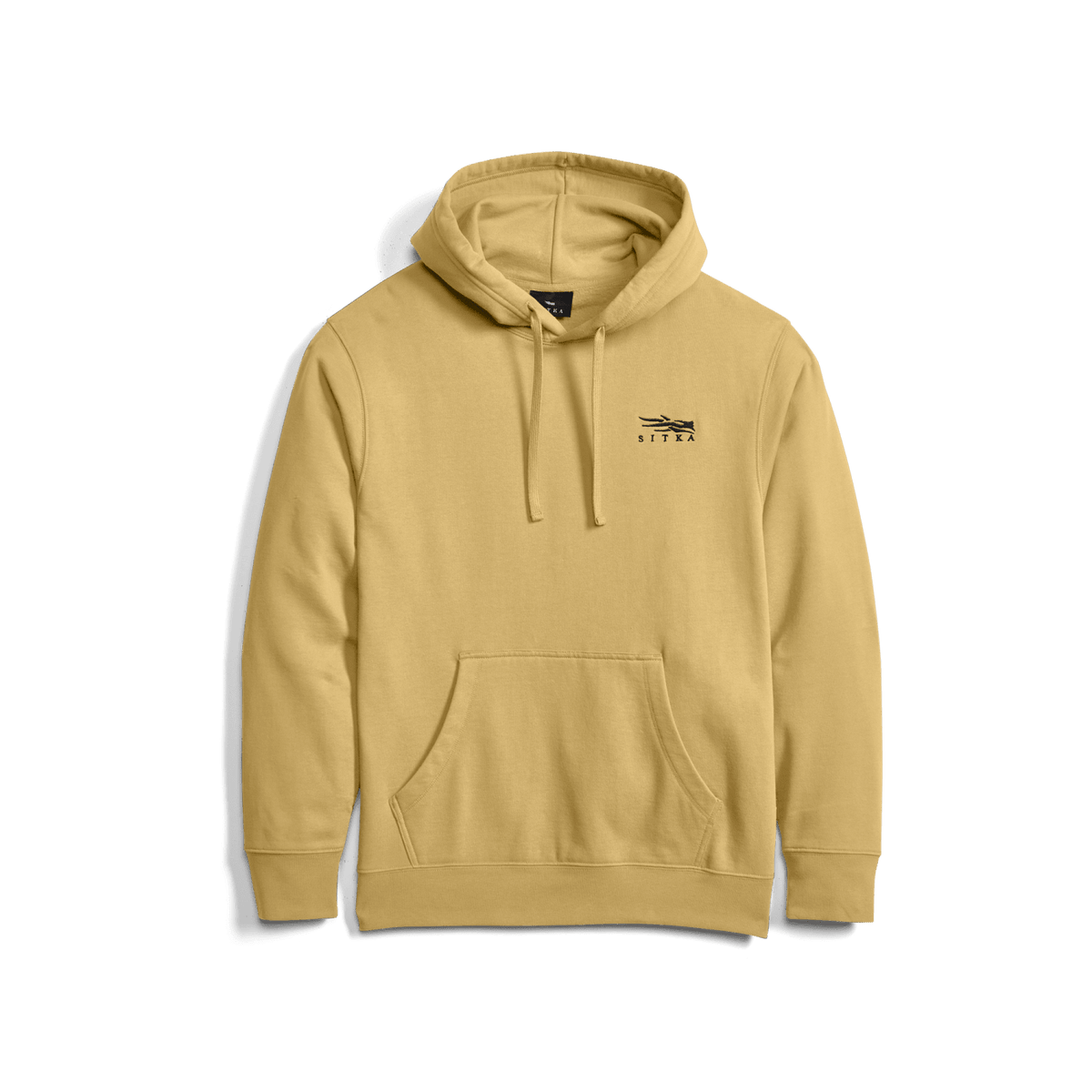 Light tan pullover hoodie with hood, kangaroo pocket, drawstrings, and small chest logo.