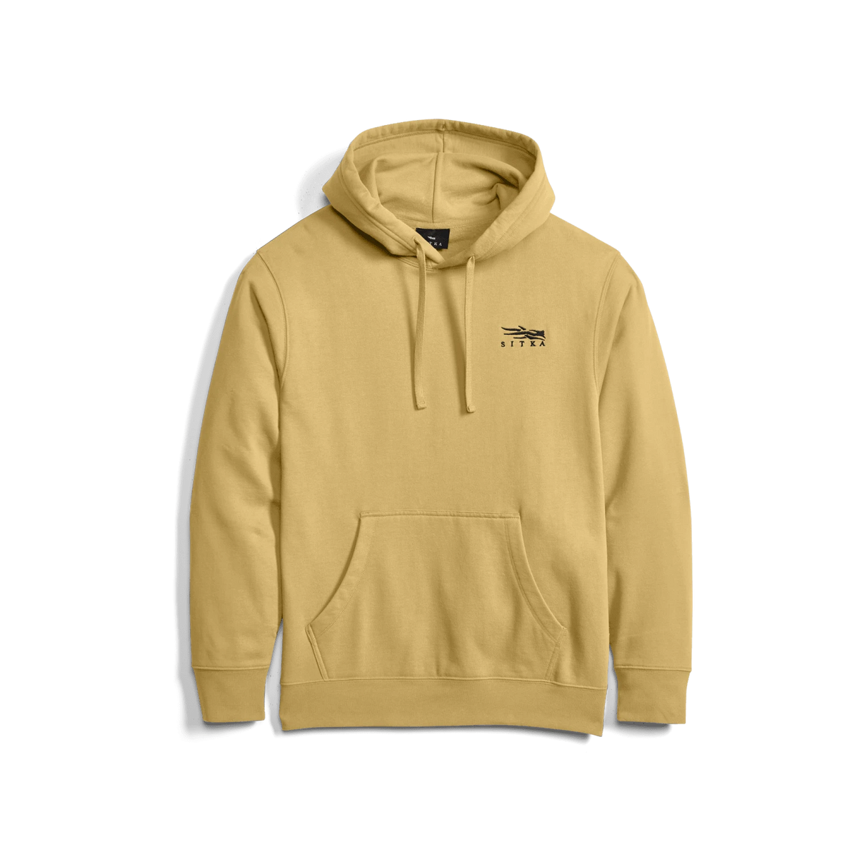 Yellow pullover hoodie with hood drawstrings and kangaroo pocket; Sitka logo